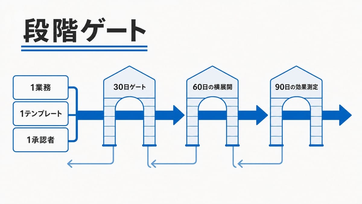 3枚のカードから伸びる帯の上に3つの門型ゲートが並び、進む矢印と戻る矢印が対で描かれた段階図