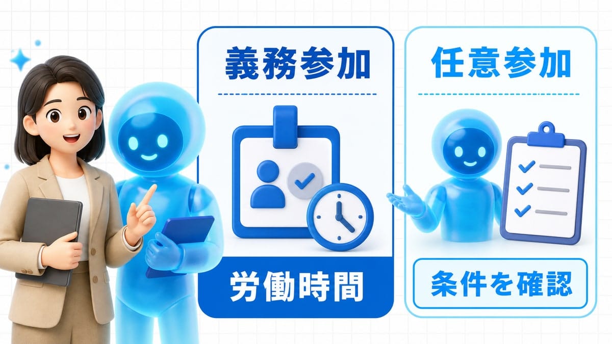 義務参加のAI研修は労働時間、任意参加は条件確認が必要であることを比較した3D図解