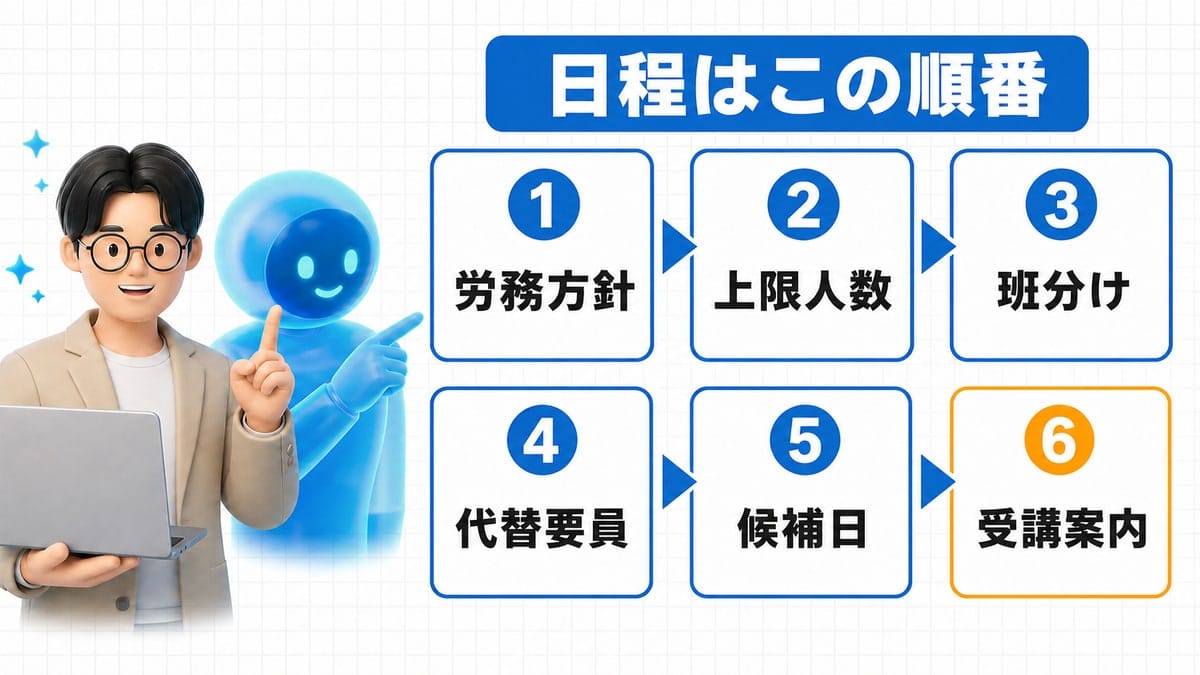AI研修の日程を労務方針、上限人数、班分け、代替要員、候補日、受講案内の順で決める3D工程図