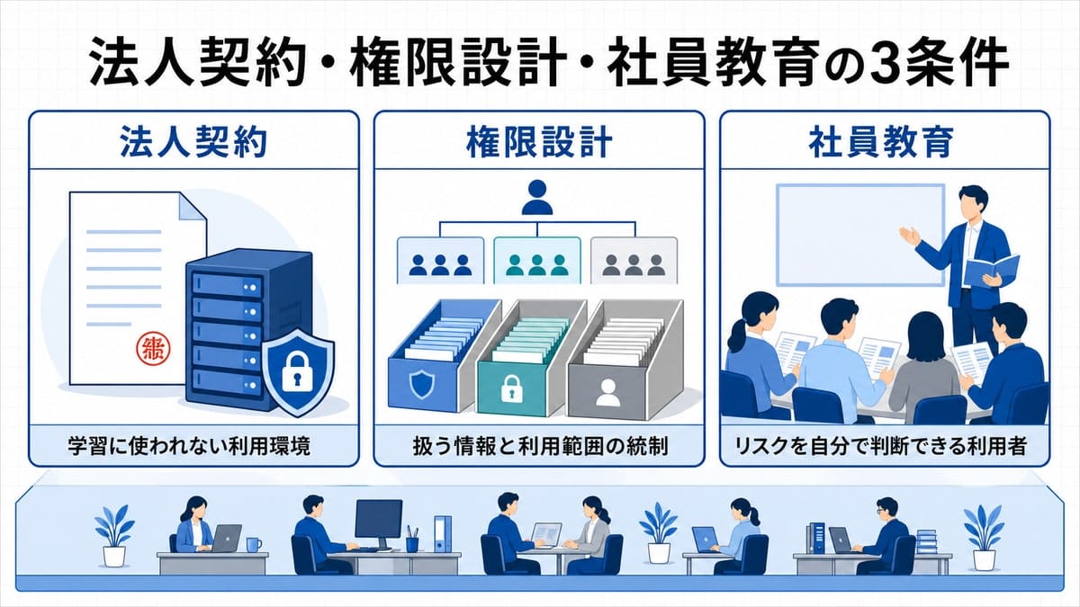 契約書とサーバー、区切られた組織図、研修を受ける社員という3枚のカードが、執務風景を載せた共通の土台の上に並ぶ図