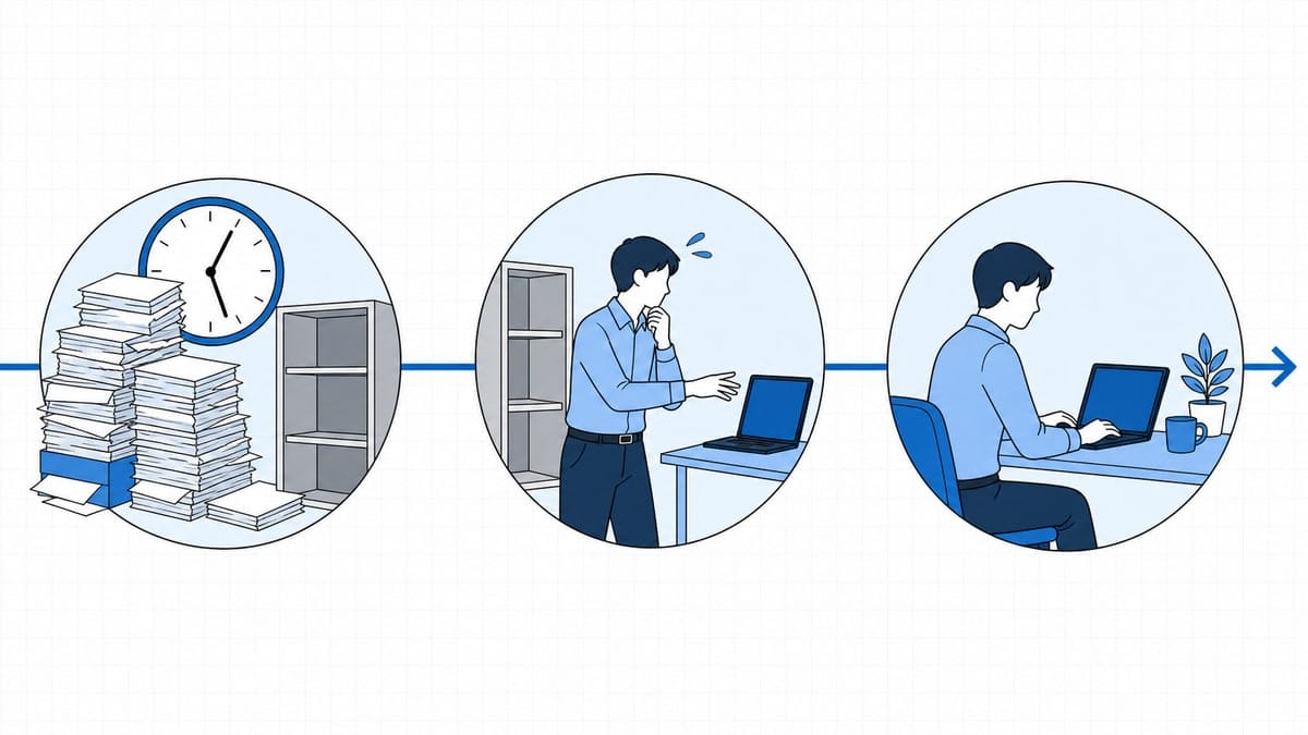 空の社内ツール棚と迫る時計を背に、社員が個人端末へ手を伸ばす場面を左から右へ描いたイラスト。