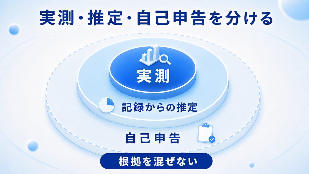 効果報告の根拠を実測、記録からの推定、自己申告の三層に分けた同心円図