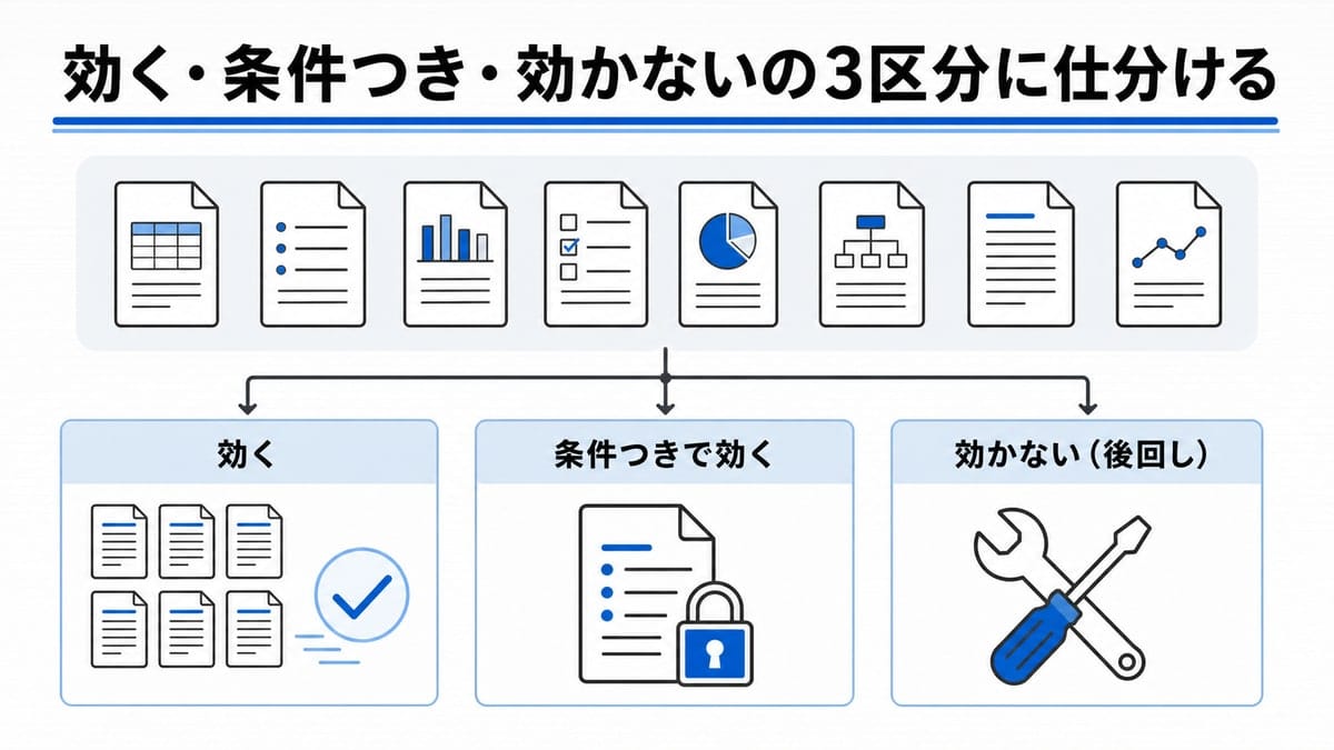 業務タスクの束が三つの列へ振り分けられる比較図。各列は作業の性質を表す記号で特徴づけられている。