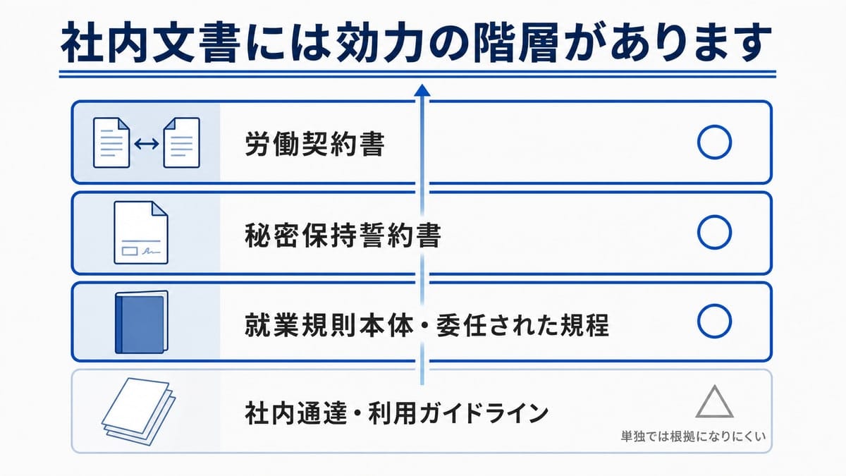 4種類の社内文書を効力の高さ順に段状のカードで積み上げ、右端に懲戒の根拠になるかを示す記号を添えた比較図