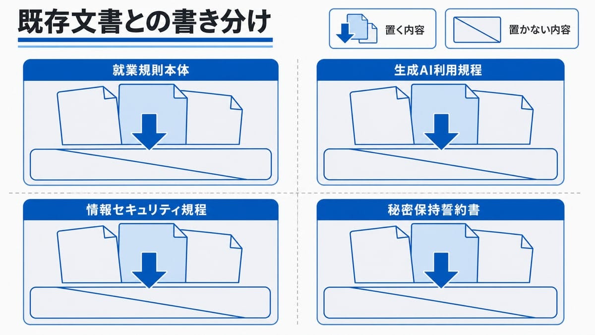 4つの文書をカードで並べ、各カードを収める内容と対象外の内容の2段に分けた整理図
