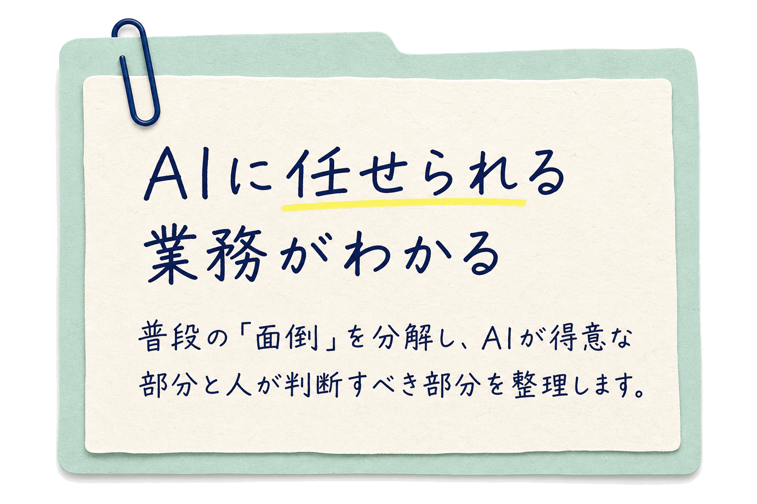 AIに任せられる業務がわかる。普段の「面倒」を分解し、AIが得意な部分と人が判断すべき部分を整理します。