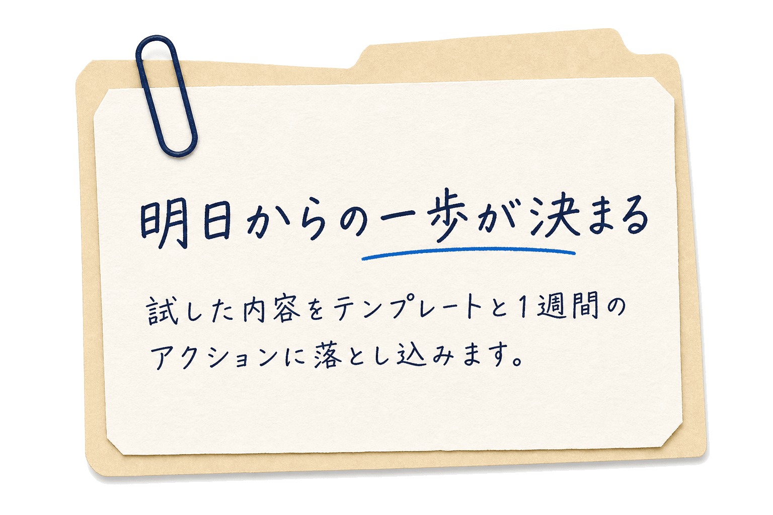 明日からの一歩が決まる。試した内容をテンプレートと1週間のアクションに落とし込みます。