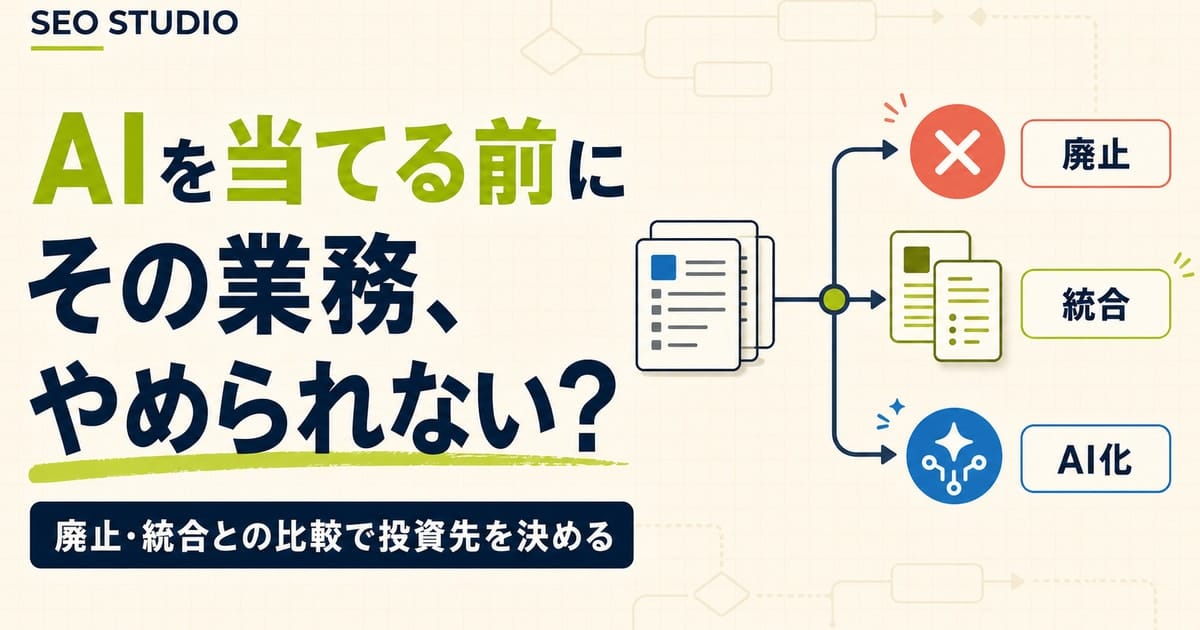 AIを当てる前に業務を廃止・統合できないかを比較し、AI投資先を決める流れを示した記事サムネイル